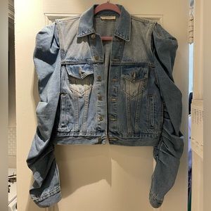 Fitted denim jacket with rouched sleeves